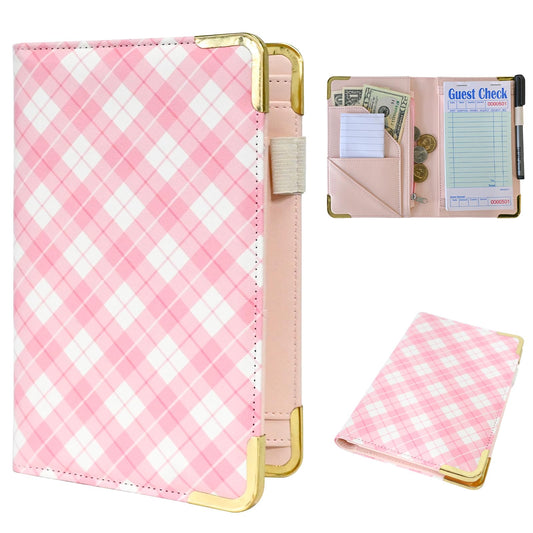 DGBDPACK Server Book for Waitress Organizer Wallet for Women Cute, Receipt Holder Presenter 5 Pockets Waiter Accessories (Pink Plaid)