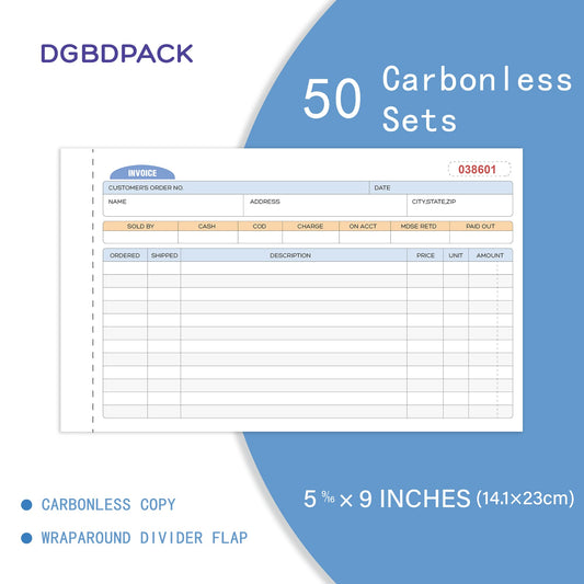 DGBDPACK Large Invoice Book, 2 Part Carbonless Invoices, 9 x 5-9/16 Inches, White/Canary Invoice Receipt Book, Purchase Order, Sales Order, 50 Sets per Pack