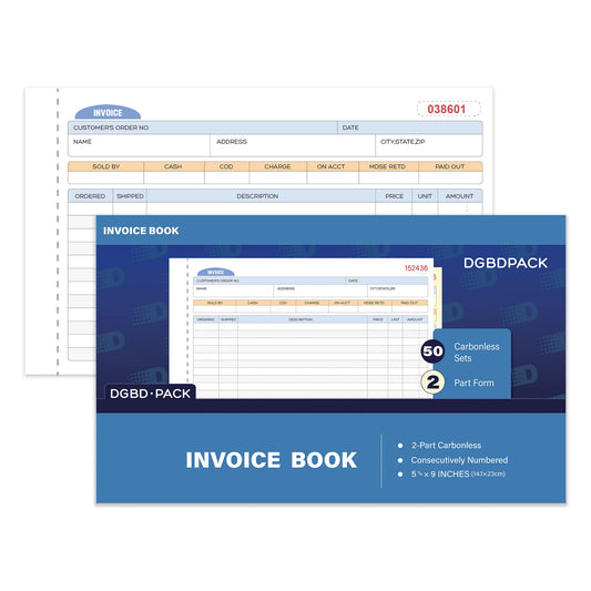 DGBDPACK Large Invoice Book, 2 Part Carbonless Invoices, 9 x 5-9/16 Inches, White/Canary Invoice Receipt Book, Purchase Order, Sales Order, 50 Sets per Pack