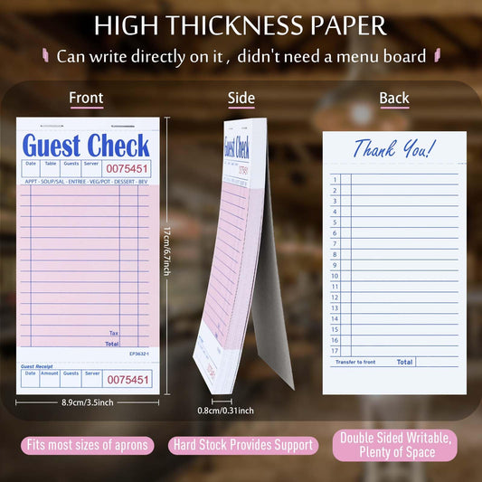 DGBDPACK Guest Check Books for Servers, EP-3632-1 Server Note Pads, Thick Server Paper with Guest Receipt, Waitress Notepads, Pink