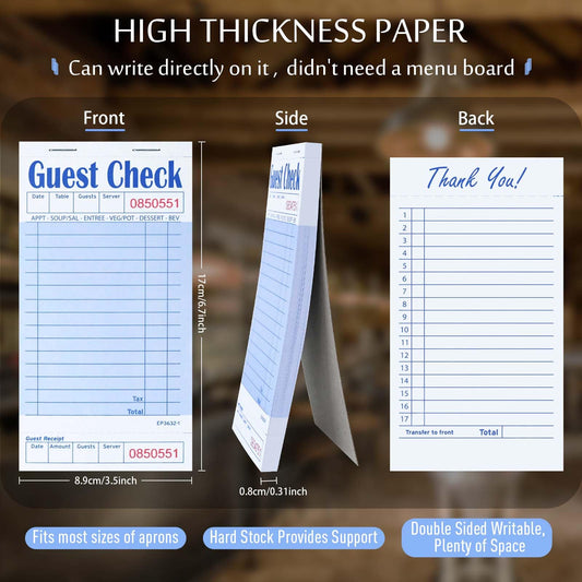 DGBDPACK Guest Check Books for Servers, EP-3632-1 Server Note Pads, Thick Server Paper with Guest Receipt, Waitress Notepads，blue